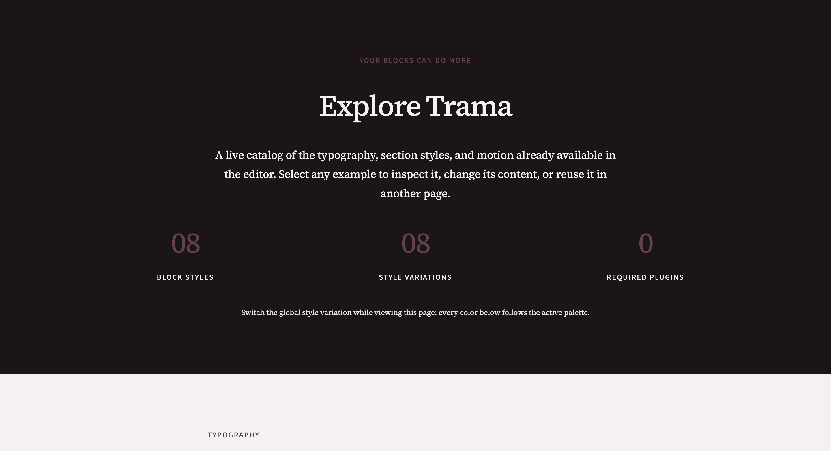 Esplora Trama page starter introducing eight block styles and eight style variations