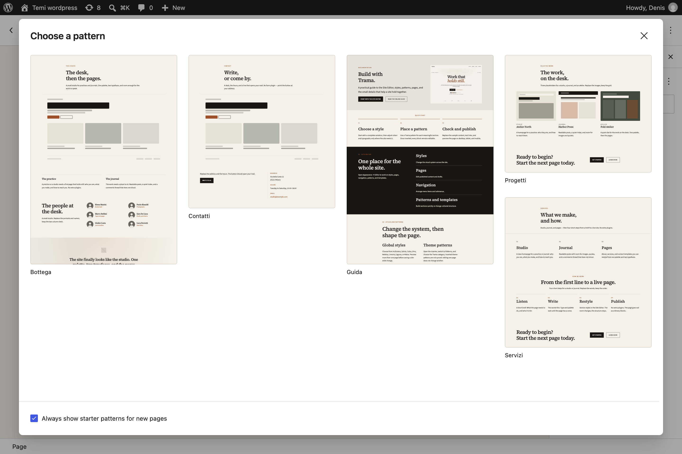 Choose a pattern window showing Trama page starter previews