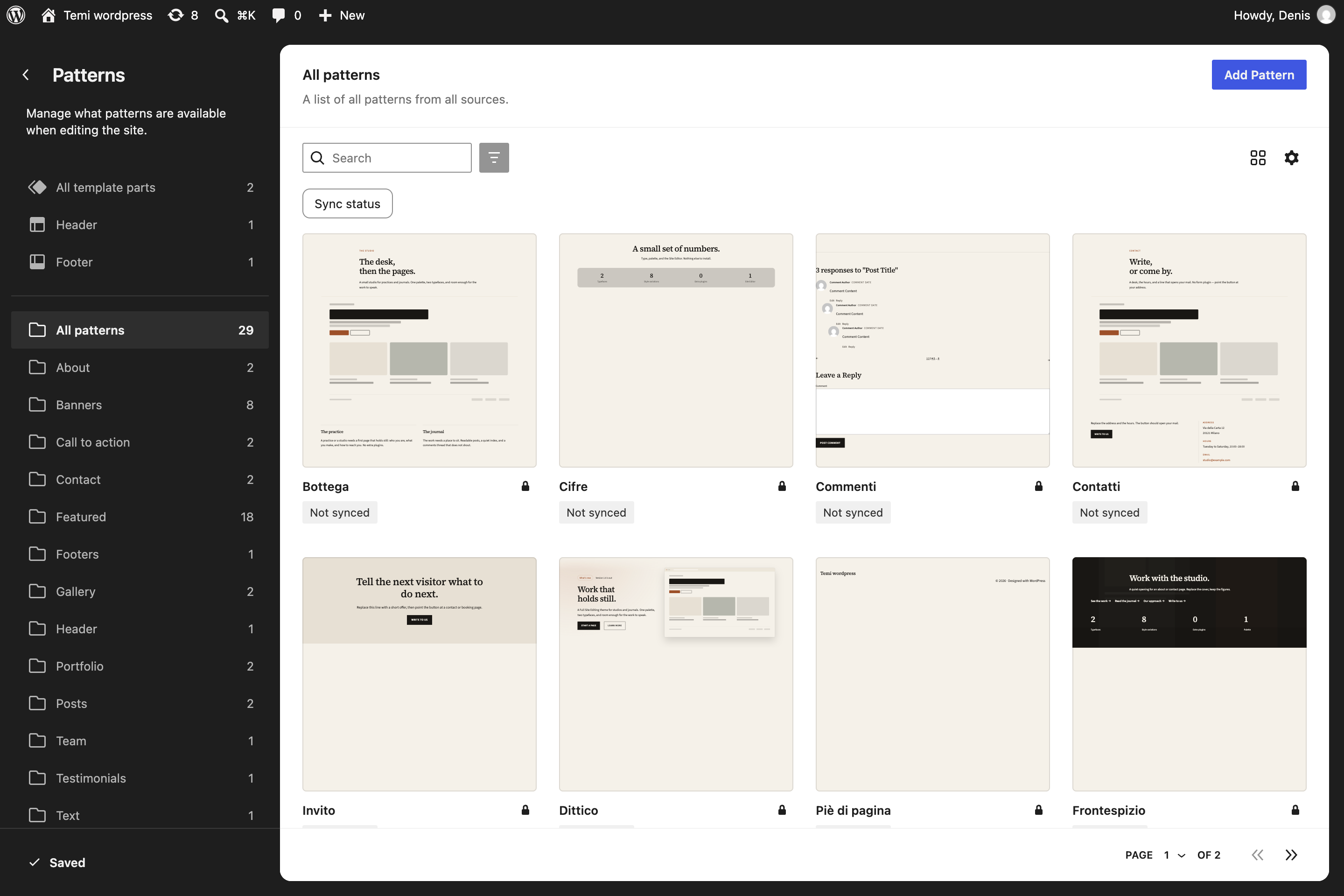 Library of the 30 Trama theme patterns in the Site Editor