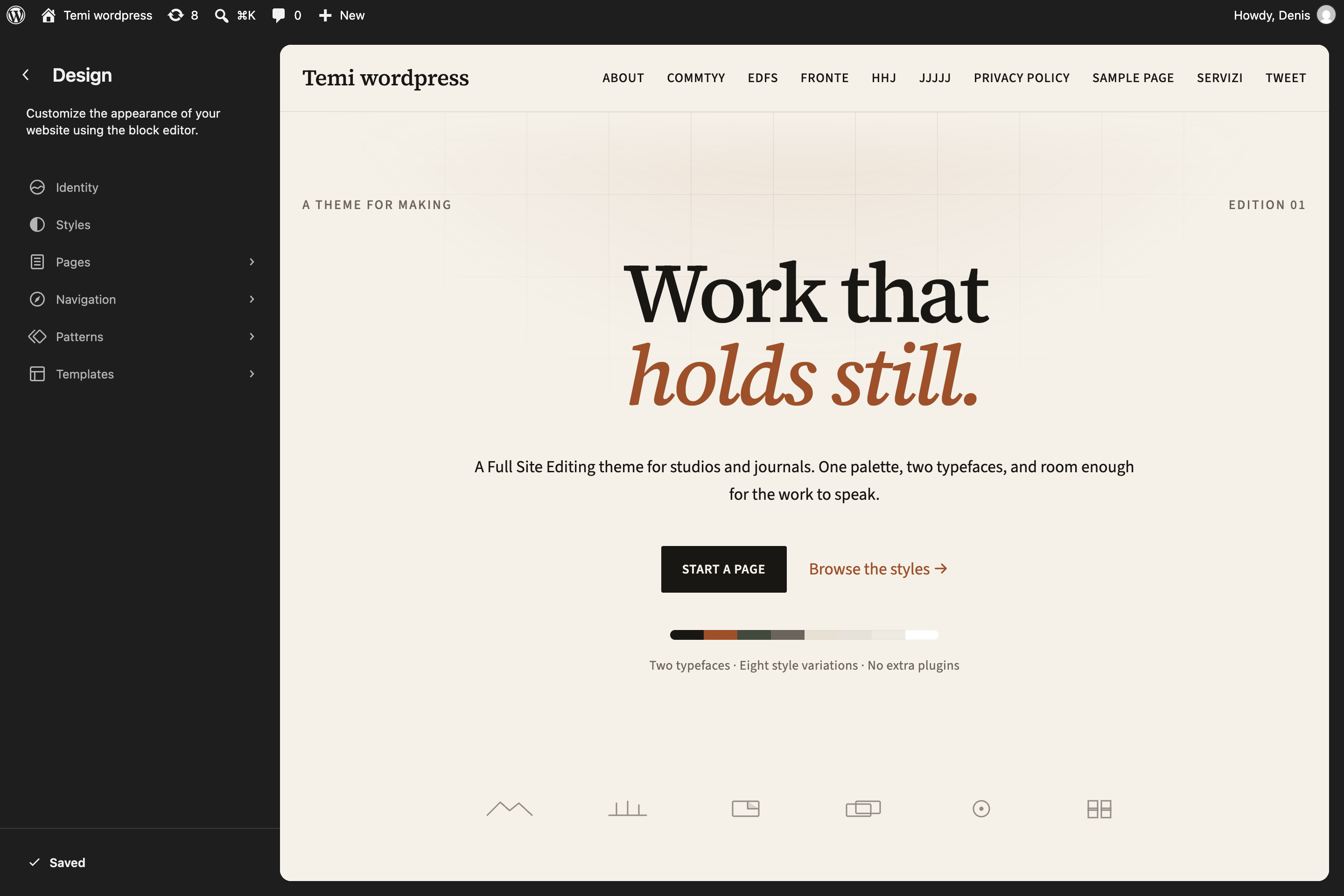WordPress Site Editor home screen with Trama active