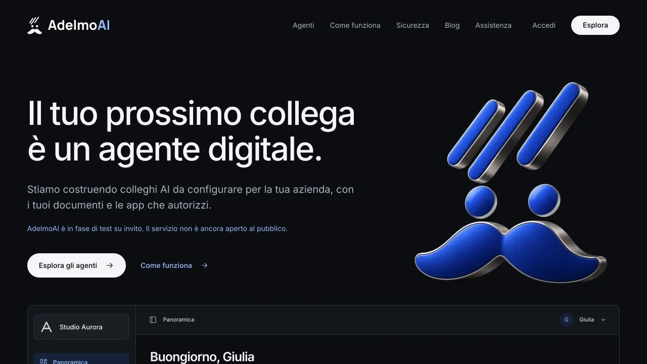 AdelmoAI’s public website introducing digital colleagues and its invitation-only testing phase