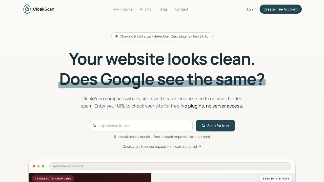 CloakScan’s public website with its URL scan entry point and visitor versus crawler comparison