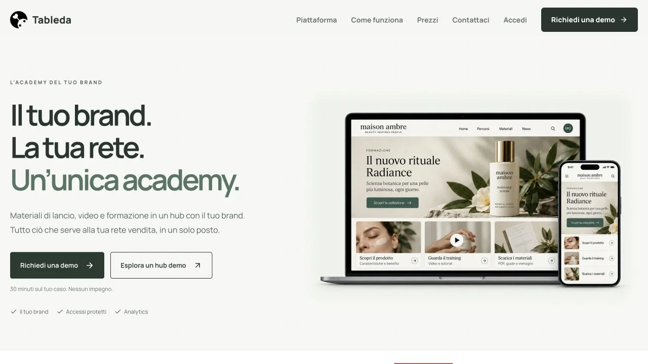 Tableda’s public website presenting a branded academy on desktop and mobile